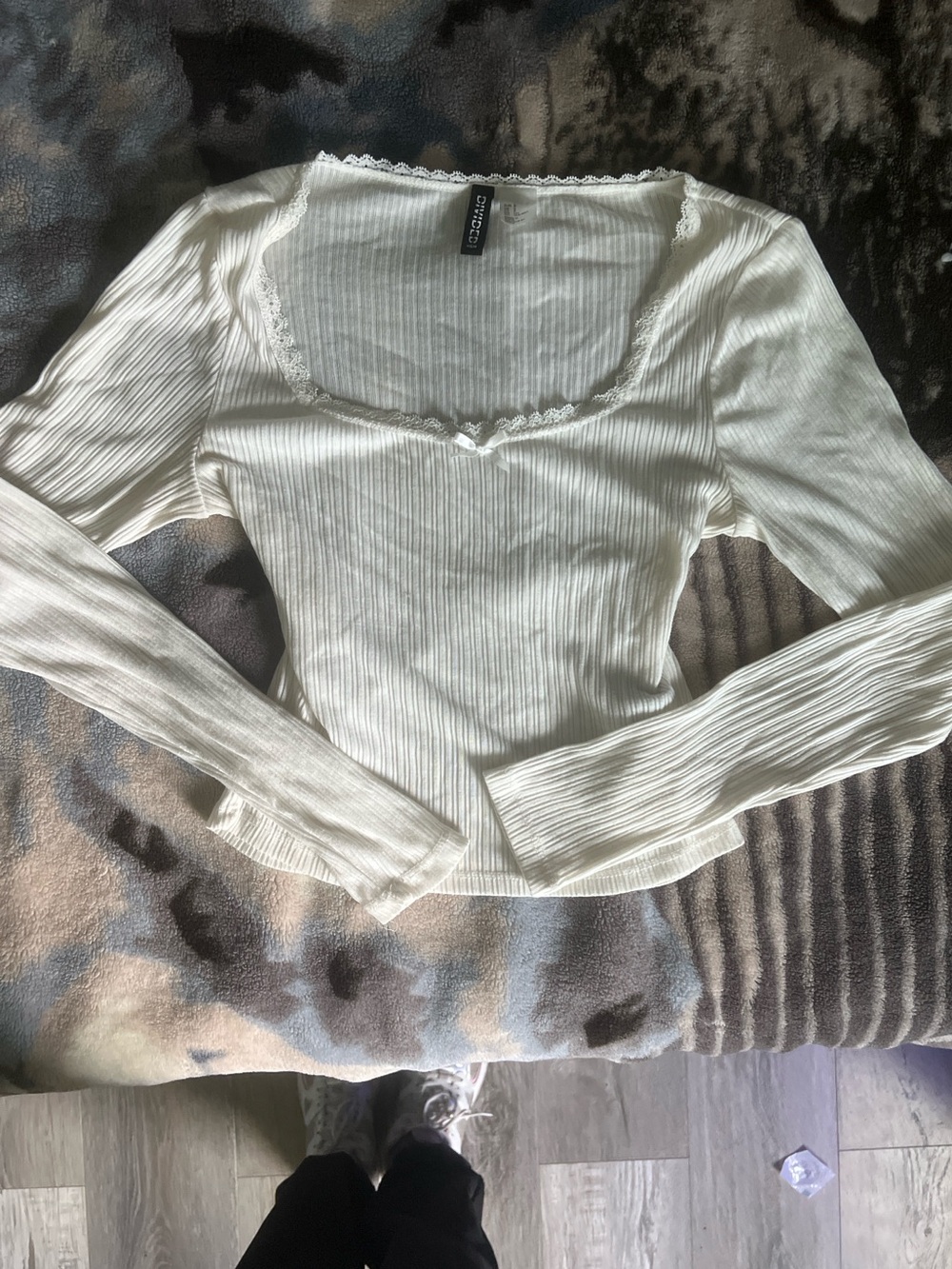 Divided Cream Ribbed Lace-Trim Long Sleeve Top